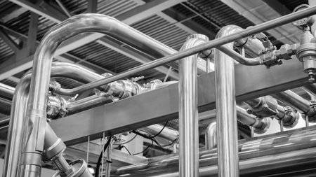 Bottom up view of industrial machine pipes in factory, industrial concept background
