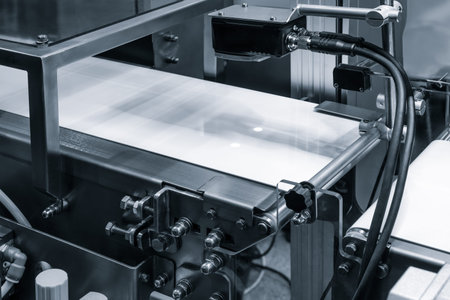 Conveyor belt for packaging with laser motion sensorsの写真素材