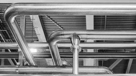 Bottom up view of industrial machine pipes in factory, industrial concept background.の写真素材