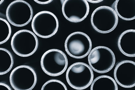 Metal pipes lay on top of each other as an industrial backdrop for a web banner page template design.の写真素材