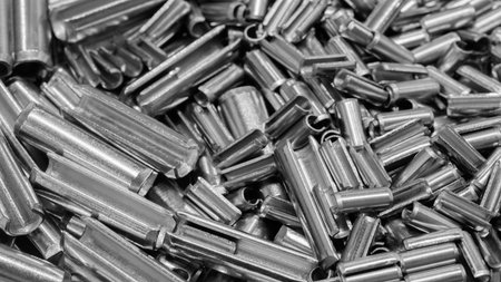Metal fasteners cylindrical tube bushings as a textured industrial background for web banner...