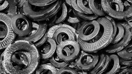 Metal fasteners round washers as a textured industrial background for web banner template page...