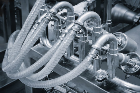 Food production machine with stainless steel pipes, cooling radiator as separator and tanks, valves and measuring instruments.の写真素材