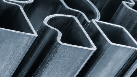 Metal cut pipes of different cross-section shapes are arranged vertically in a row as an industrial concept background for a web banner page design wallpaper templateの写真素材