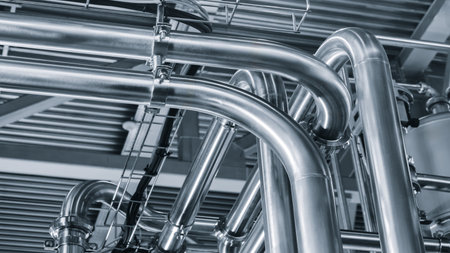 Food production machine with stainless steel pipes, cooling radiator as separator and tanks, valves and measuring instrumentsの写真素材