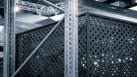 Row of black boxes on a shelf with red dividers. The boxes are stacked on top of each other.の写真素材
