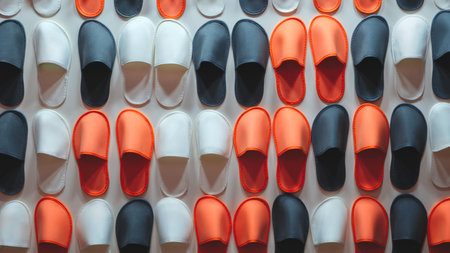 A pile of slippers is lined up: some white, others orange. The slippers are neatly and orderly...