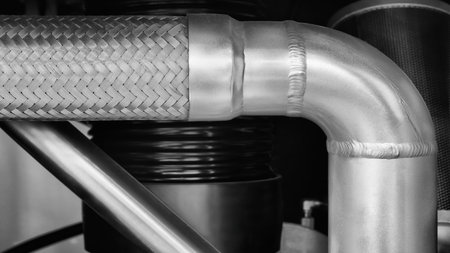 Part of a large industrial engine machine with large pipes to supply air to the engine.の写真素材