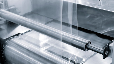Automatic polyethylene plastic bag production machine with lighting effect. Close-up of the roller...