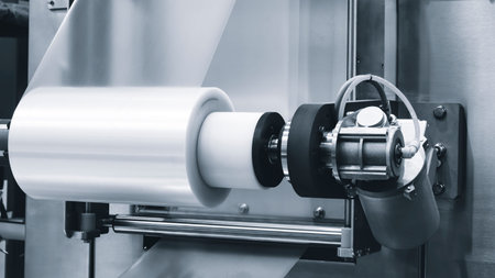 Automatic polyethylene plastic bag production machine with lighting effect. Close-up of the roller...