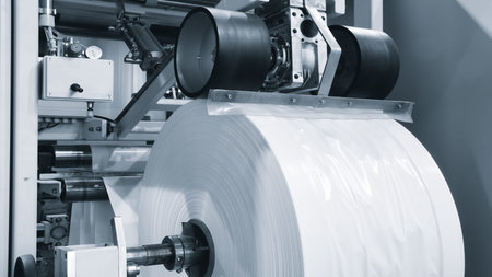 Automatic polyethylene plastic bag production machine with lighting effect. Close-up of the roller...