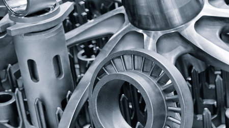Complex metal parts made by 3D printing, industrial innovative technology concept background