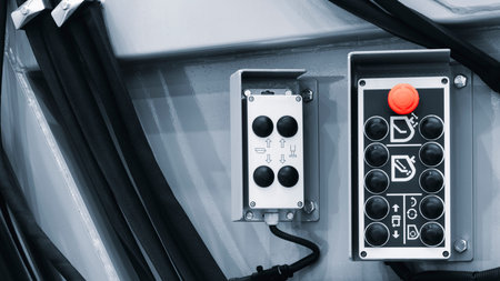 Part of a hydraulic industrial machine, control levers of a hydraulic machine, industrial concept