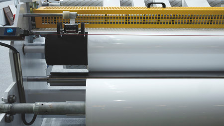 Large industrial automatic machine for cutting and gluing PVC film on wood chipboard and MDF boards...
