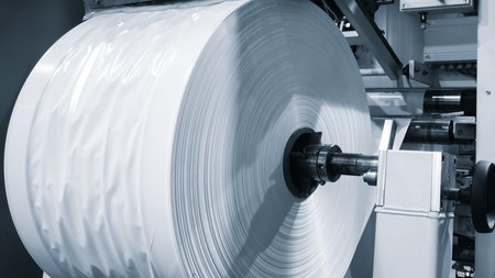 Automatic polyethylene plastic bag production machine with lighting effect. Close-up of the roller...