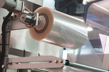 Automatic polyethylene plastic bag production machine with lighting effect. Close-up of the roller...