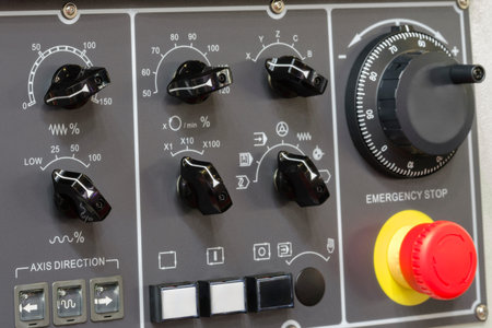 Control panel for an industrial machine or conveyor control device with Stop button in case of...