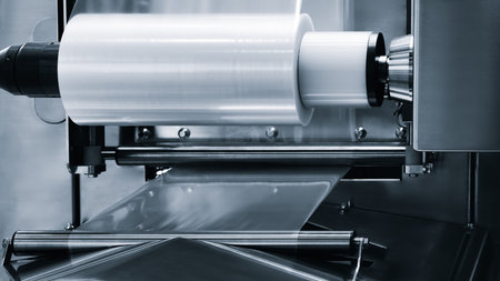 Automatic polyethylene plastic bag production machine with lighting effect. Close-up of the roller...