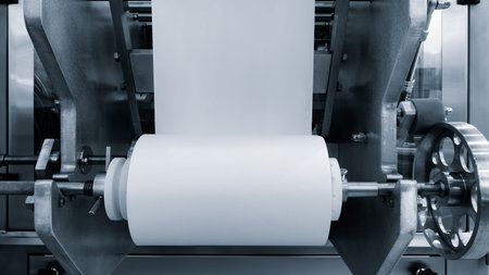 A machine with a roll of polyethylene plastic film on it. machine is in a factory. industrial food...