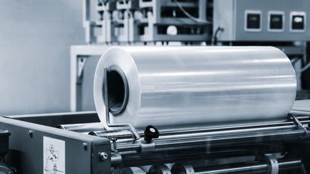Automatic polyethylene plastic bag production machine with lighting effect. Close-up of the roller...