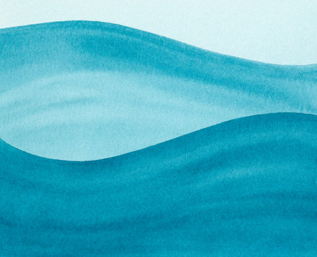 Abstract art background navy azure blue colors. Watercolor painting on texture paper with turquoise pattern of sea waves. Abstract art background with blue wavy line as gradientの写真素材