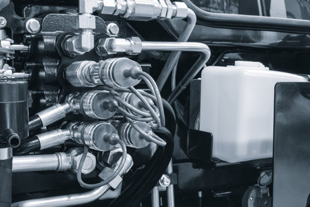 Industrial machine concept, industrial hydraulic machine with rubber and metal pipes high pressure...
