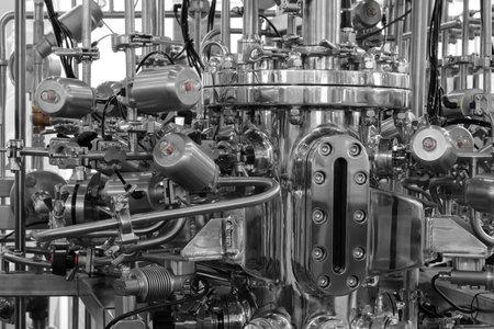 Industrial medicine production machine in pharmaceutical factory with many shiny stainless steel...