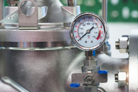 Hydraulic machine with a control handle and a high-pressure fluid gauge. Industrial concept...