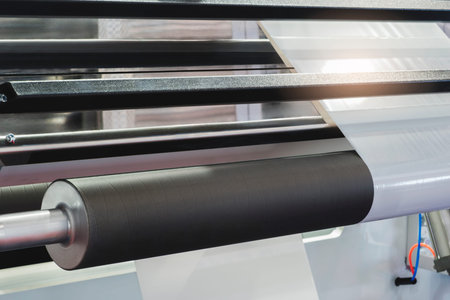 Automatic polyethylene plastic bag production machine with lighting effect. Close-up of roller of...