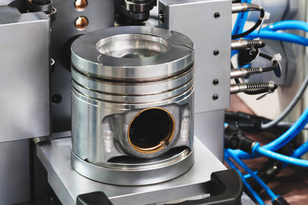 Metal piston is mounted on the machine. Blue hoses are connected to the surrounding equipment. Fine...