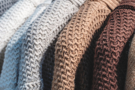 Multicolored men's and women's sweatshirts hang on a display case in a boutique or clothing market, fashion and clothing industry concept background