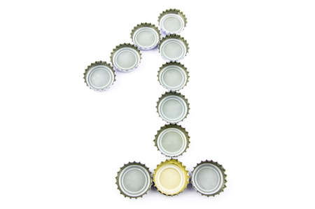 Number one made of used beer caps isolated on whiteの写真素材