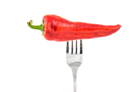 Red hot chili pepper pricked on the steel fork isolated の写真素材