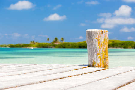 Wooden pier on tropical Contoy Island, Mexicoの写真素材