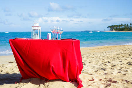 Party table on caribbean beachの写真素材