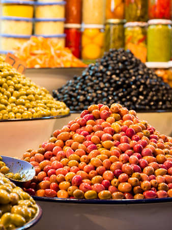 Fresh olives and preserves at moroccan market in Marrakeshの写真素材