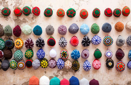 Colorful souvenirs at Essaouira market in Moroccoの写真素材