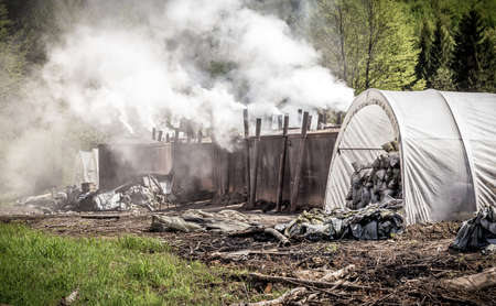 Traditional way of charcoal production in the forest of Bieszczady Mountains Polandの写真素材