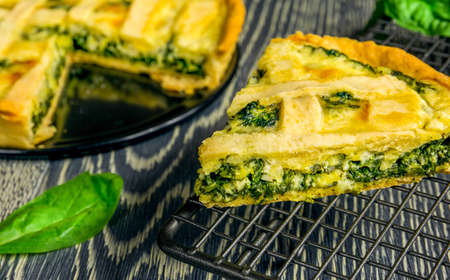Delicious homemade spinach quicheの写真素材