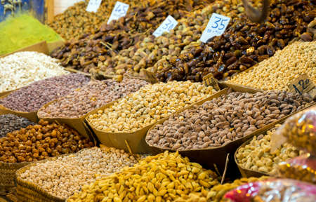 Assortment of nuts: almonds peanuts and pistachio at Moroccan market in Marrakeshの写真素材