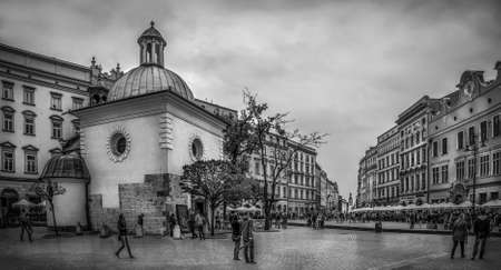 CRACOW POLAND MAY 01 2015: black and white photo of St. Adalbert church at the Main Square in Cracow Krakow Polandのeditorial素材