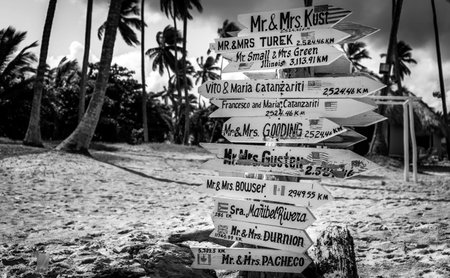 Funny direction signpost with names of newlywedsの写真素材