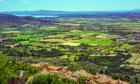 Aerial view of green tuscan fields. A view from Cortona antique town.の写真素材