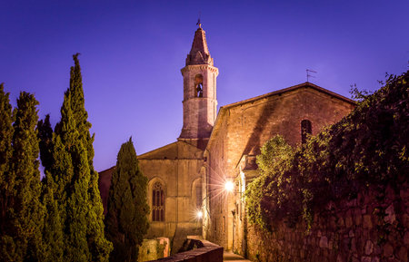 Antique church in Pienza by night, Italy