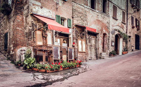 Small trattoria in tuscan Montepulciano town, Italyの写真素材