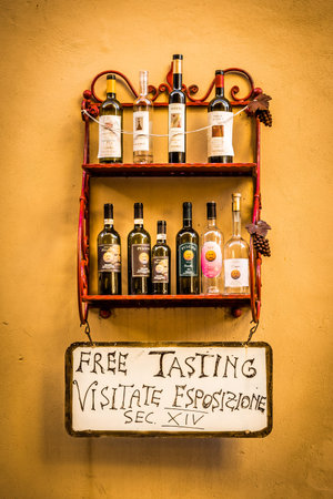 MONTEPULCIANO, ITALY - JUNE 25, 2015: Selection of italian wines in Tuscan restaurant in Montepulciano, Italyのeditorial素材