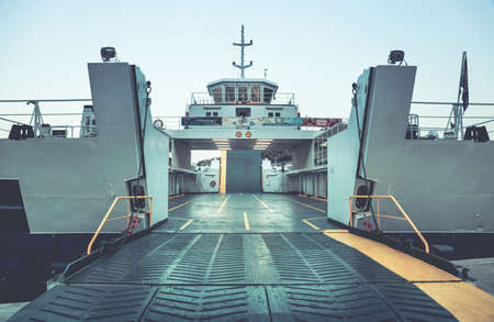 DRVENIK, CROATIA - JULY 24, 2016: Ferryboat waiting for vehicle loading in Drvenik, touristic village in Croatia.のeditorial素材