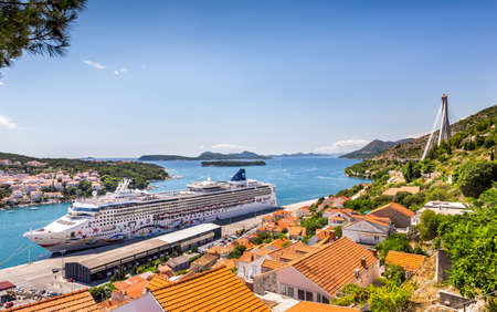 DUBROVNIK, CROATIA - JULY 17, 2018: Passenger ferry moored in Dubrovnik seaport, Croatiaのeditorial素材