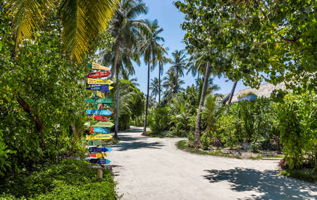 Funny different world directions signpost with distance to many different countriesの写真素材