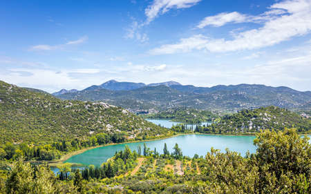 Aerial view of beautiful Bacina lakes in Neretva district, Croatiaの写真素材